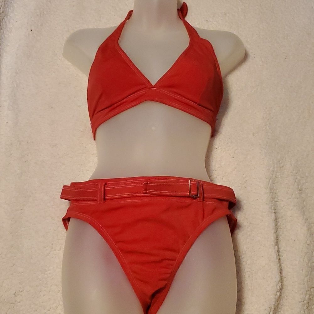 Solid Halter Neck Bikini Swim Top & Belted Logo Hipster‎ Swim Bottom